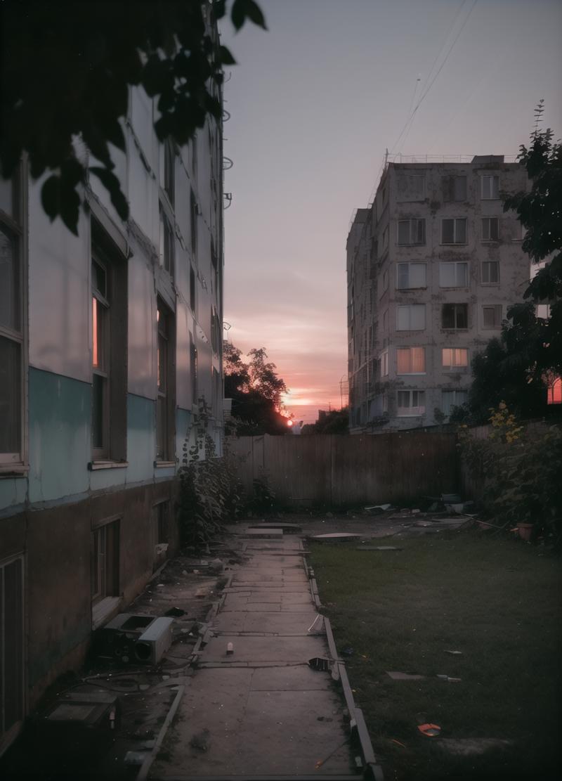 14079-1019758641-ground view, yard with large buildings, russianebenya, sunset, trees and bushes, movie still, 30mm lens, polaroid, analog photo,.png